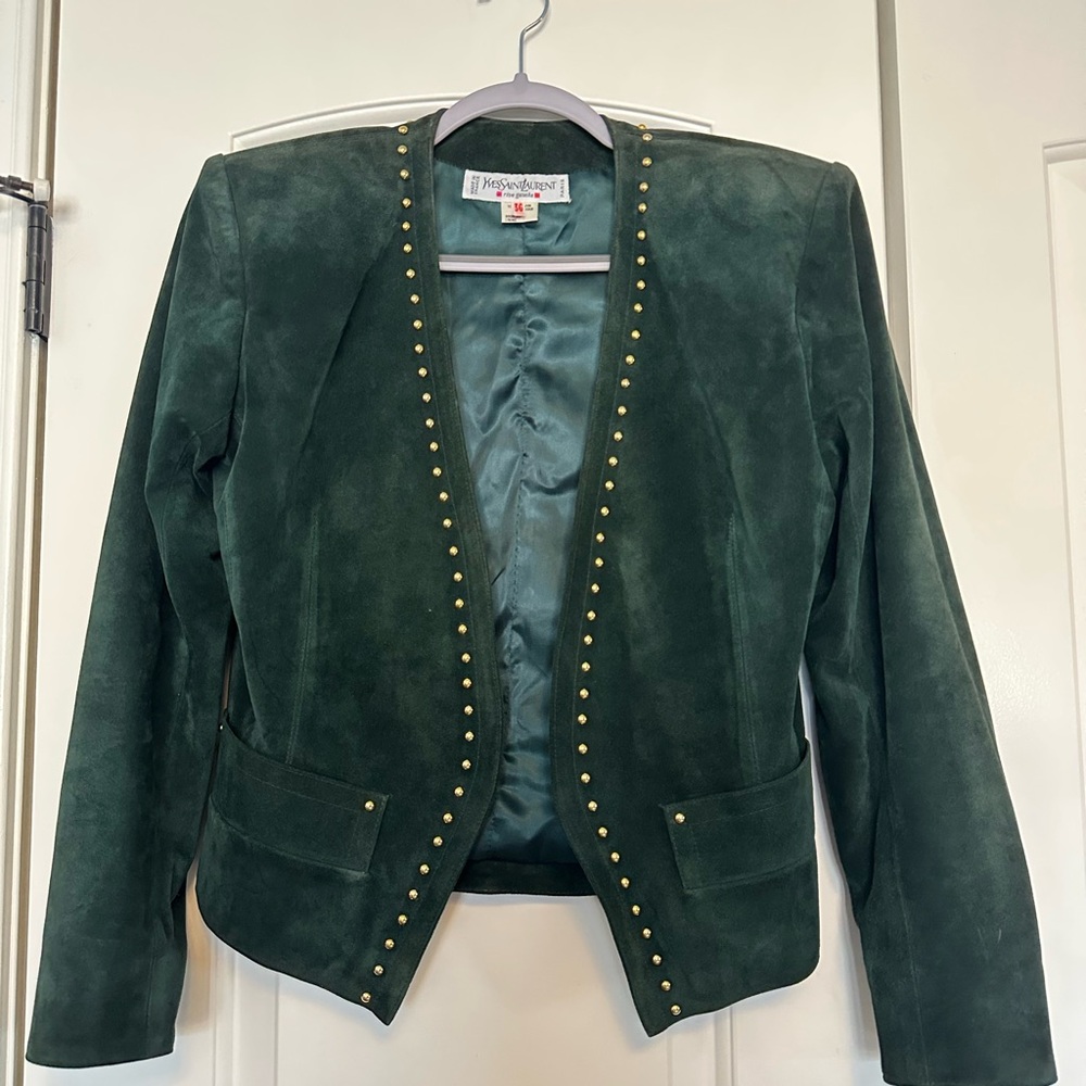 Yves Saint Laurent Rive Gauche Suede Emerald Green Studded Blazer